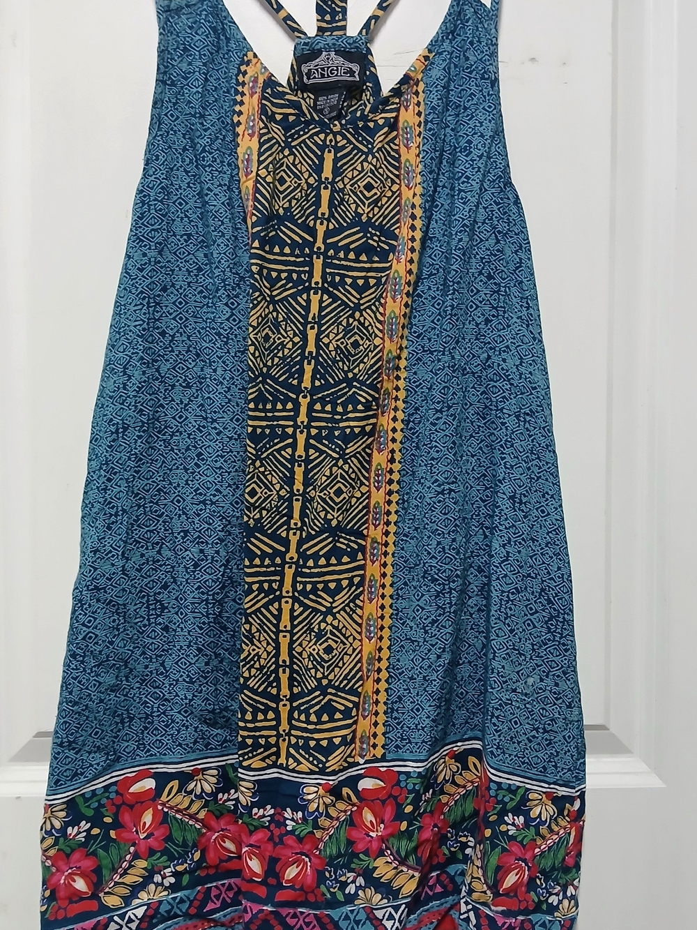 Angie Blue Patterned Boho Maxi Skirt with Floral Border